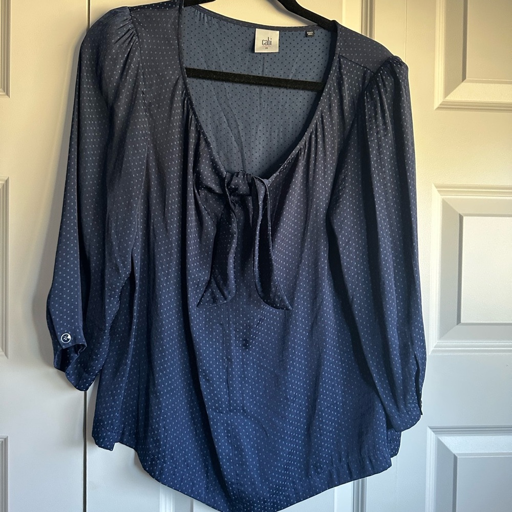 CAbi Blue Blouse with Tie Front and Relaxed Fit